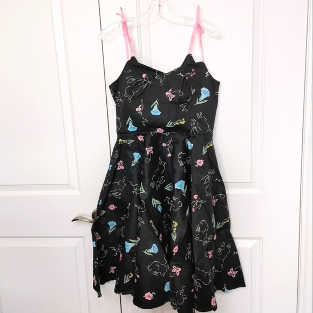 Black Floral Fit-and-Flare Dress with Pink Straps